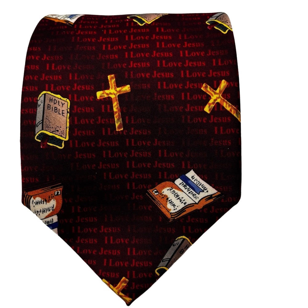 Parquet I Love Jesus Tie Red Cross & Bible Religious Christian Necktie Handmade